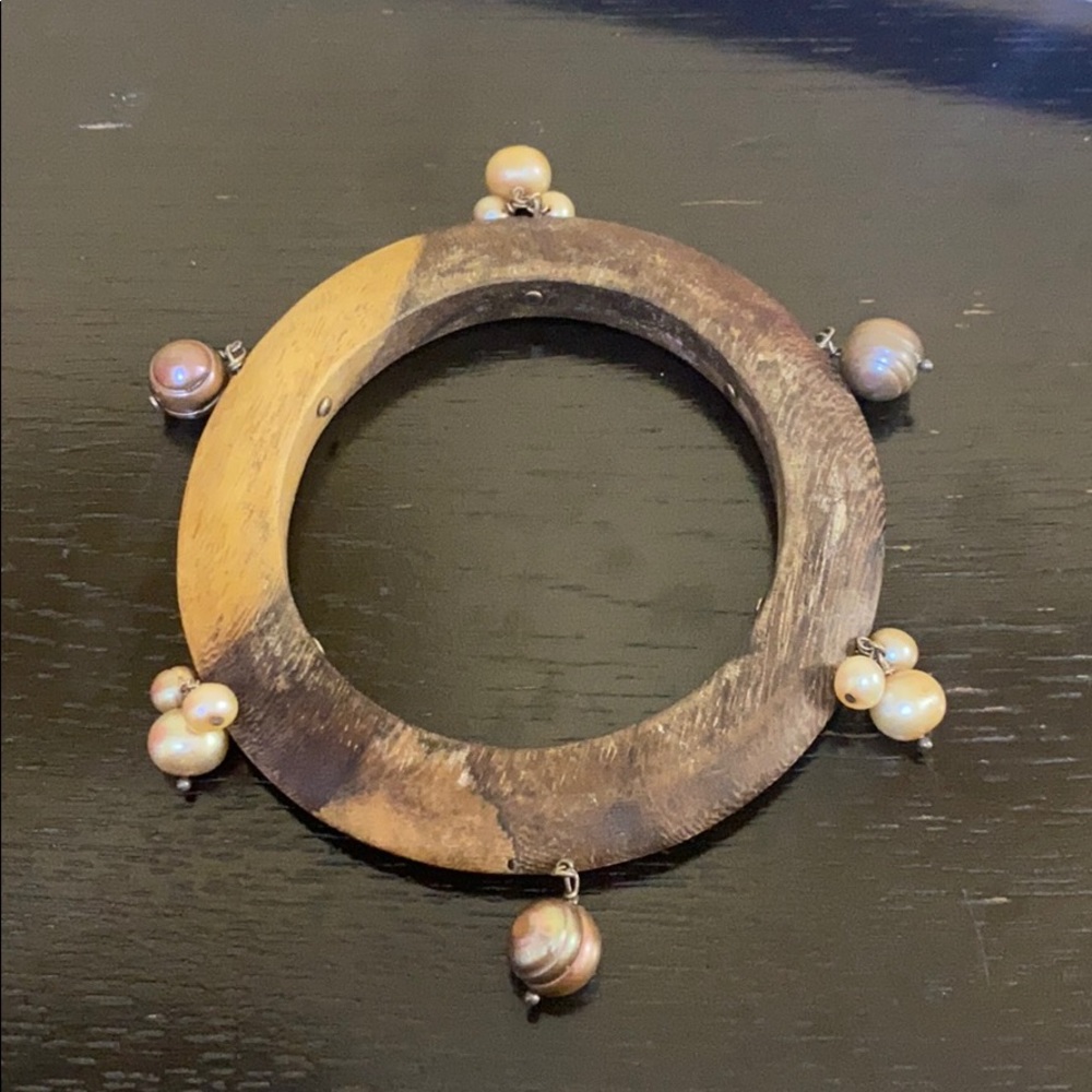 Wood bangle with freshwater pearls